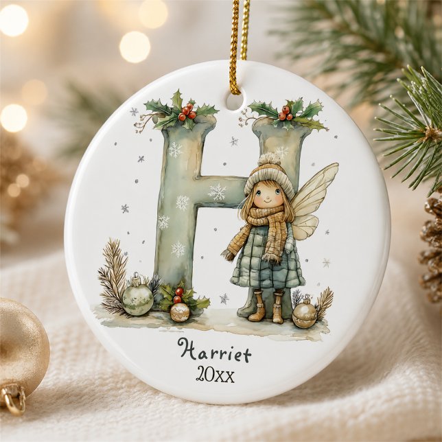 Cozy Fairy Christmas Initial Personalized Holiday  Ceramic Ornament (Creator Uploaded)