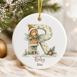 Cozy Fairy Christmas Initial Personalized Holiday Ceramic Ornament