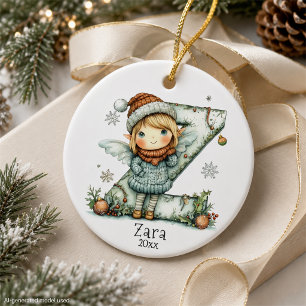 Cozy Fairy Christmas Initial Personalized Holiday Ceramic Ornament