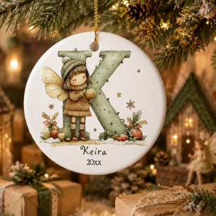 Cozy Fairy Christmas Initial Personalized Holiday  Ceramic Ornament