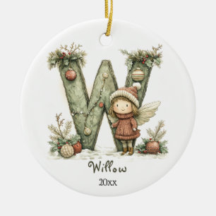 Cozy Fairy Christmas Initial Personalized Holiday Ceramic Ornament