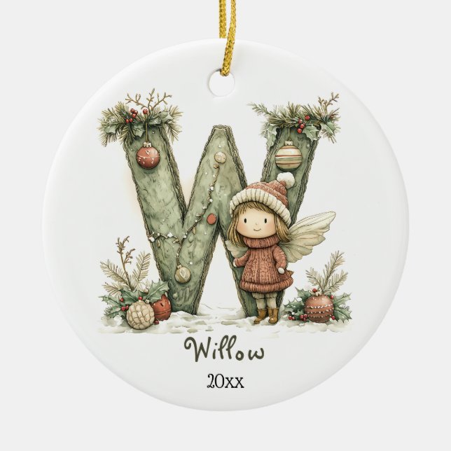 Cozy Fairy Christmas Initial Personalized Holiday  Ceramic Ornament (Front)