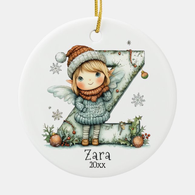 Cozy Fairy Christmas Initial Personalized Holiday  Ceramic Ornament (Front)