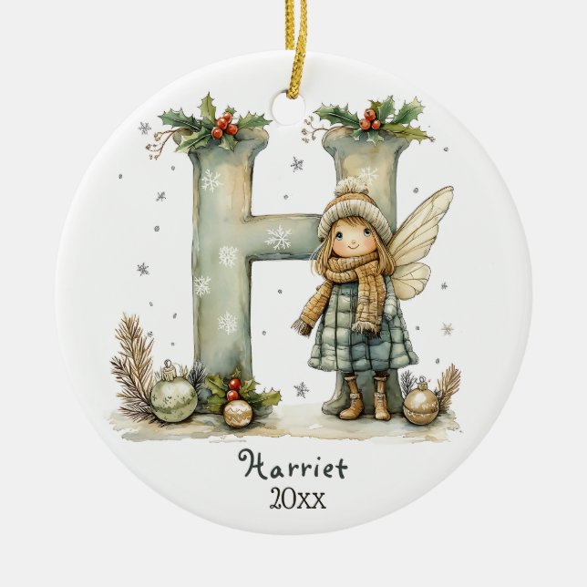 Cozy Fairy Christmas Initial Personalized Holiday  Ceramic Ornament (Front)