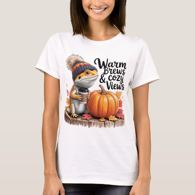 Cozy Fall Bearded Dragon with Coffee T-Shirt (Front)