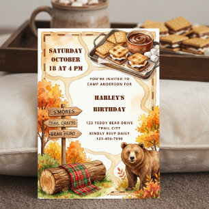 Cozy Fall Camping Birthday Camp Smores Bear Invitation