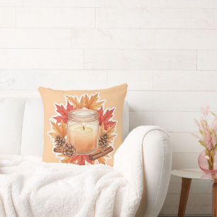 Cozy Fall Candle with Maple Leaves   Autumn Design Throw Pillow