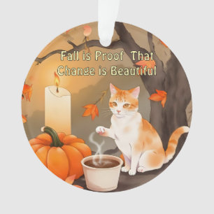 Cozy Fall Cat with Pumpkin Neutral Colour Ornament