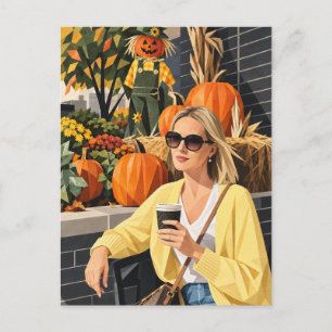 Cozy Fall Coffee & Pumpkins Geometric Art Postcard