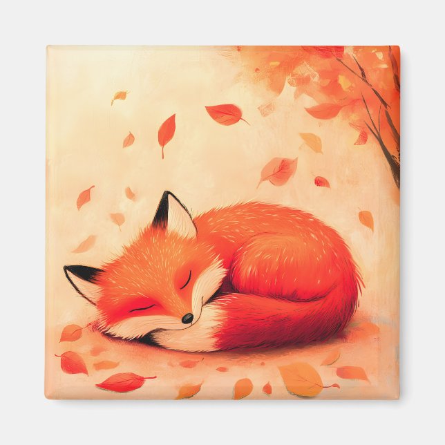 Cozy Fall Forest Sleeping Fox Magnet (Front)