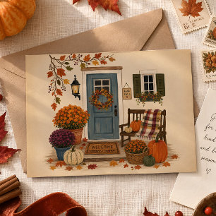 Cozy Fall Front Porch Pumpkin Wreath Illustration Postcard
