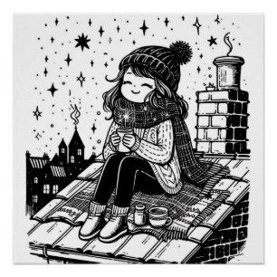 Cozy Fall Girl On Roof Black & White Colouring Pag Poster