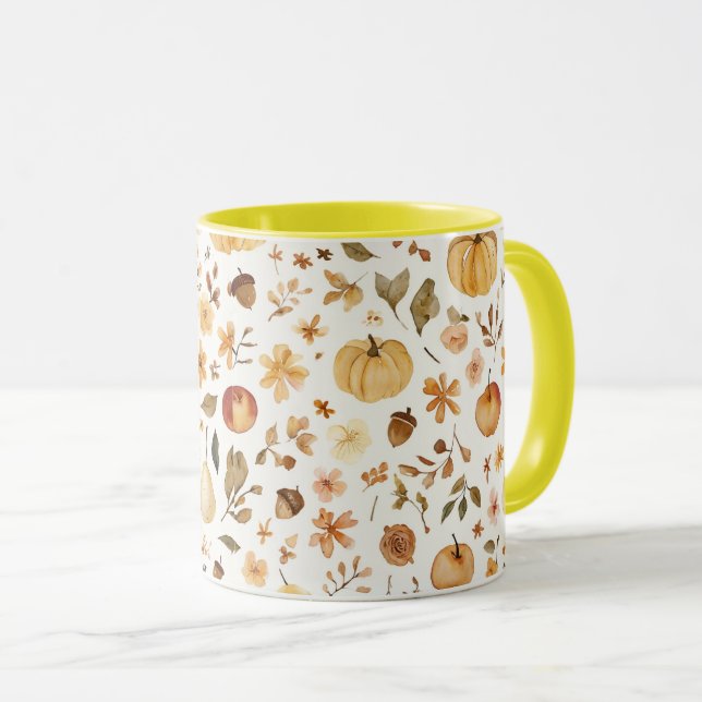 Cozy Fall Harvest Watercolor Mug | Autumn Pumpkin (Front Right)
