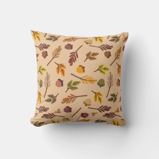 Cozy Fall Leaves & Acorns Throw Pillow (Front)