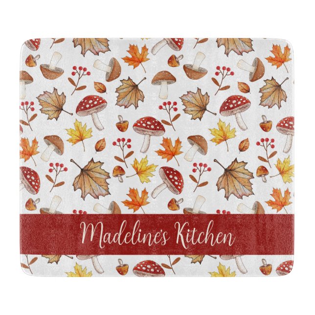 Cozy Fall Leaves and Mushrooms Personalized Cutting Board (Front)