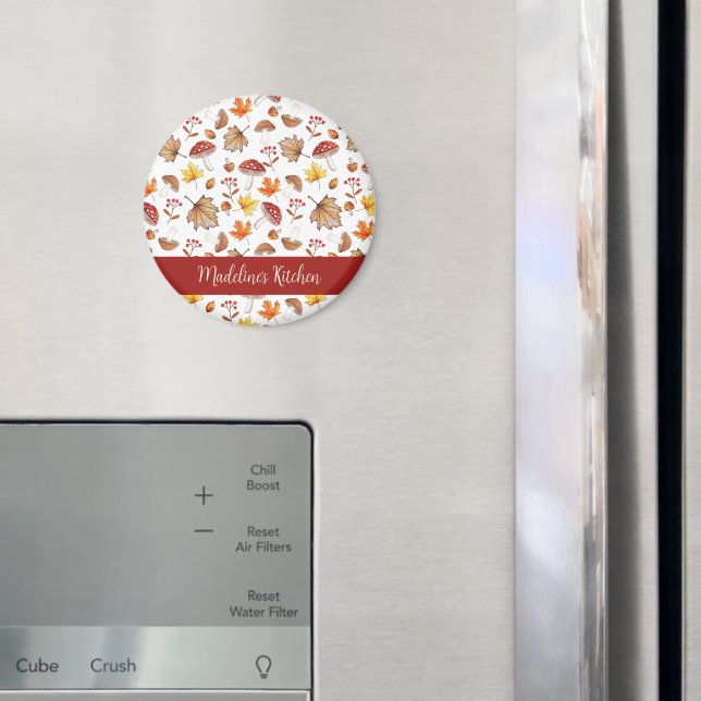 Cozy Fall Leaves and Mushrooms Personalized Magnet (In Situ (Fridge))