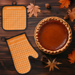 Cozy Fall Orange Buffalo Plaid Gingham Check Oven Mitt & Pot Holder Set