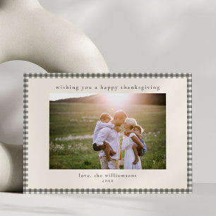 Cozy Fall Plaid Taupe Gingham Family Thanksgiving Holiday Card