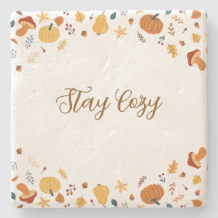 Cozy Fall Pumpkin & Autumn Leaves Rustic Stone Coaster
