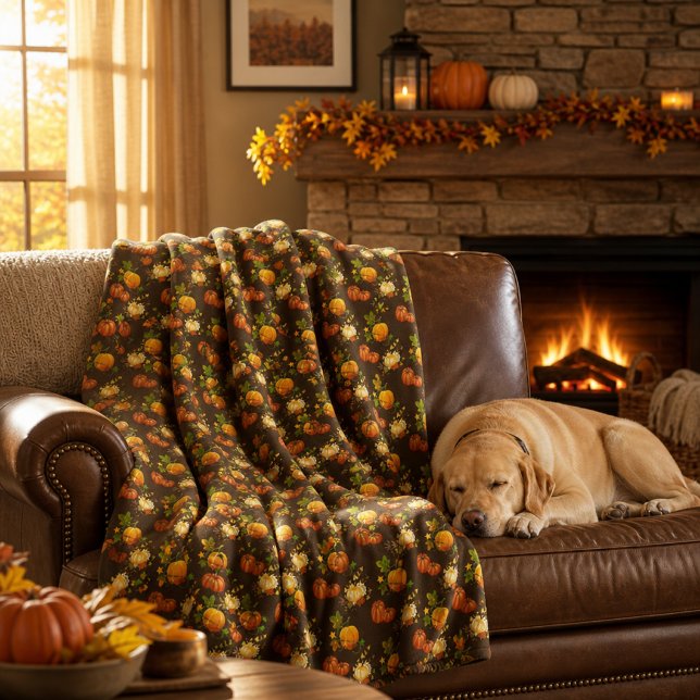 Cozy Fall Season Pumpkin Pattern on Brown  Fleece Blanket (Creator Uploaded)