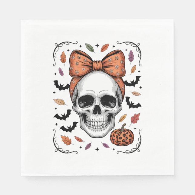 Cozy Fall Skull Coquette Bow, Autumn Napkin (Front)
