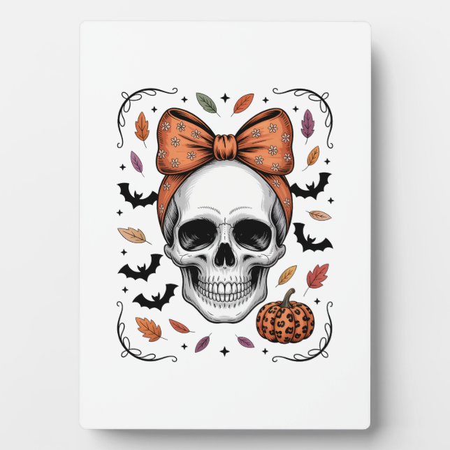 Cozy Fall Skull Coquette Bow, Autumn Plaque (Front)