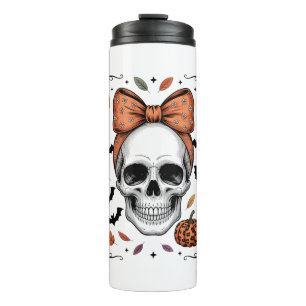 Cozy Fall Skull Coquette Bow, Autumn Thermal Tumbler