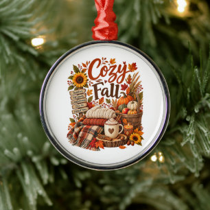 Cozy Fall Vibes Autumn Pumpkins Hot Drinks Metal Ornament
