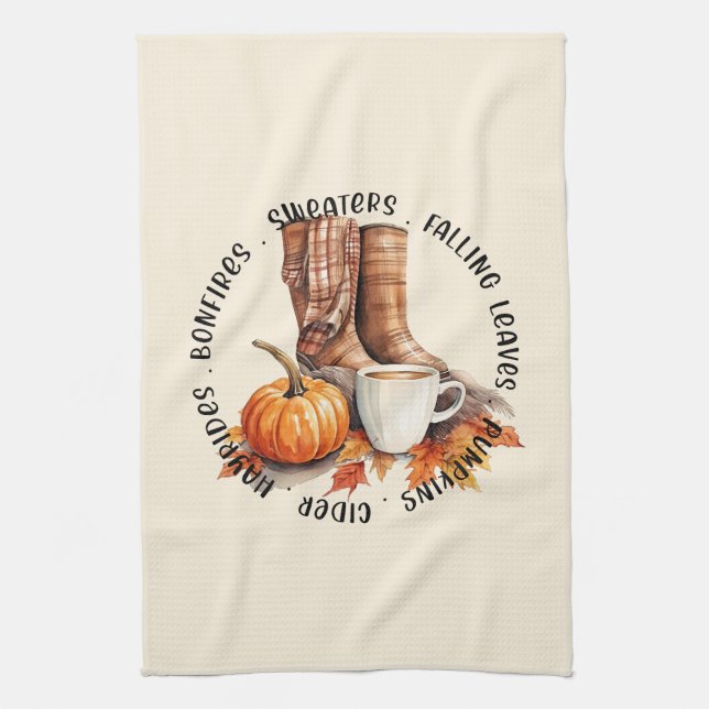 Cozy Fall Vibes – Boots, Pumpkin Spice, Bonfires Kitchen Towel (Vertical)