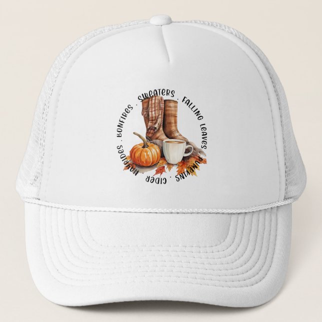 Cozy Fall Vibes – Boots, Pumpkin Spice, Bonfires Trucker Hat (Front)