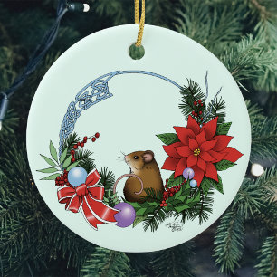 Cozy Festive Illustrative Christmas Mouse Wreath Ceramic Ornament