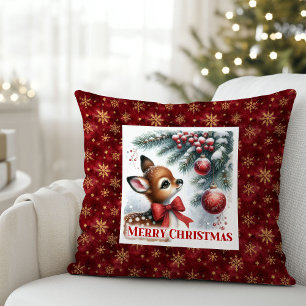 Cozy festive winter scene baby fawn snowy Christma Throw Pillow