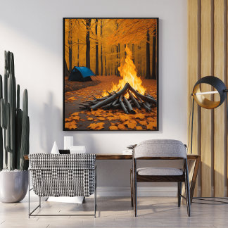 Cozy Fire and Log Cabin Unique Forest   Scene Poster
