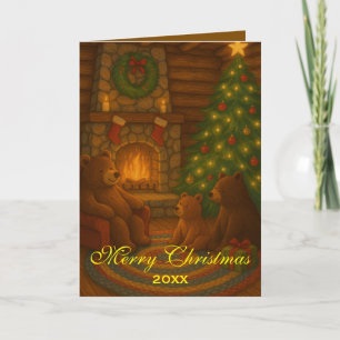Cozy Fire with Bears Custom Christmas Card
