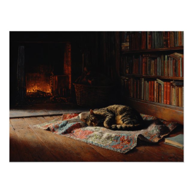 Cozy Fireplace Cat Library Scene Poster (Front)