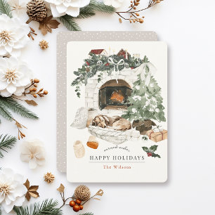 Cozy Fireplace Christmas Tree Dog Watercolor Holiday Card
