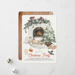 Cozy Fireplace Christmas Tree Fox Holiday Party Card