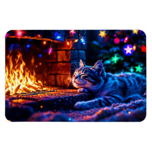 Cozy fireplace cute cat Merry Christmas Magnet