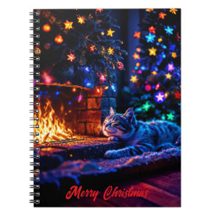 Cozy fireplace cute cat Merry Christmas Notebook