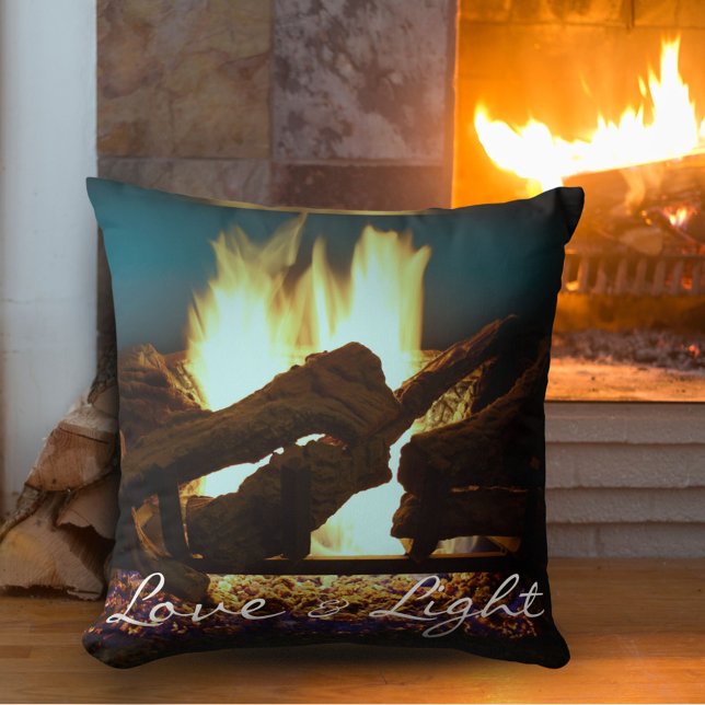 Cozy Fireplace Fire Bright Script Green Christmas Throw Pillow (Creator Uploaded)