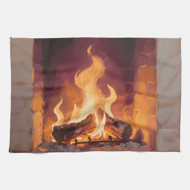 Cozy Fireplace Flames Kitchen Towel (Horizontal)