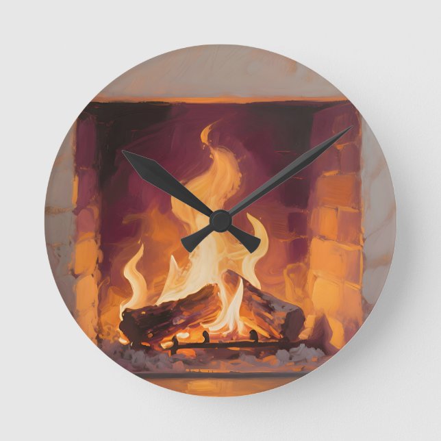 Cozy Fireplace Flames Round Clock (Front)