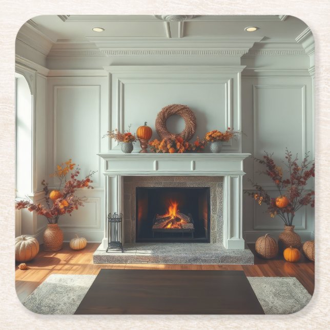 Cozy fireplace square paper coaster (Front)
