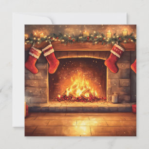 Cozy Fireplace with Hanging Stockings Holiday Card