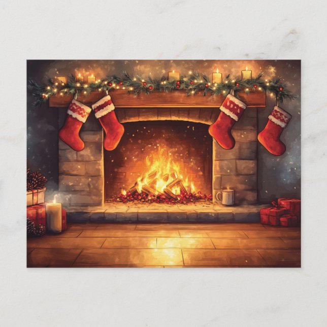 Cozy Fireplace with Hanging Stockings  Holiday Postcard (Front)