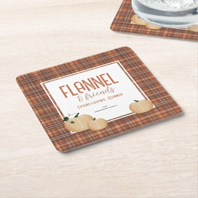Cozy Flannel and Friends Friendsgiving Dinner Square Paper Coaster (Angled)