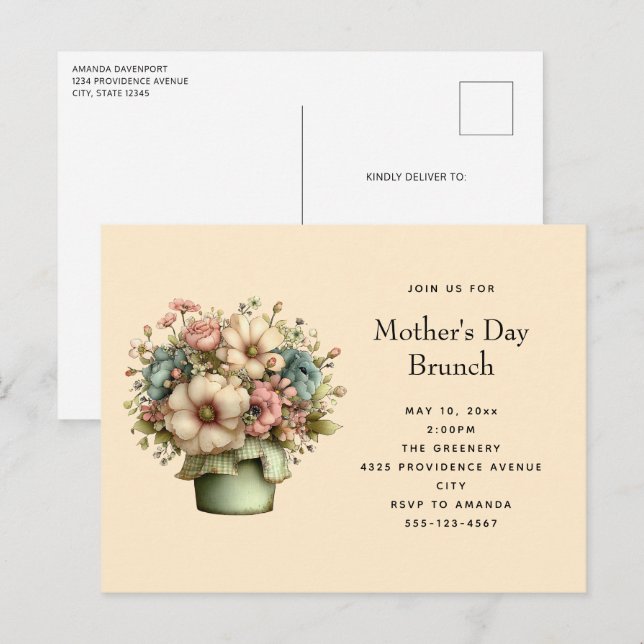 Cozy Flowers in a Planter Pot Cute Mother's Day Invitation Postcard (Front/Back)