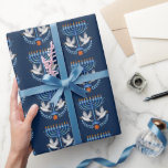 Cozy Folk Art Hanukkah Menorah and Peace Dove Wrapping Paper<br><div class="desc">Cozy folk art style menorah and peace dove perfect for a happy Hanukkah holiday celebration. Traditional blue and white colour scheme with grey,  red and yellow accents.</div>