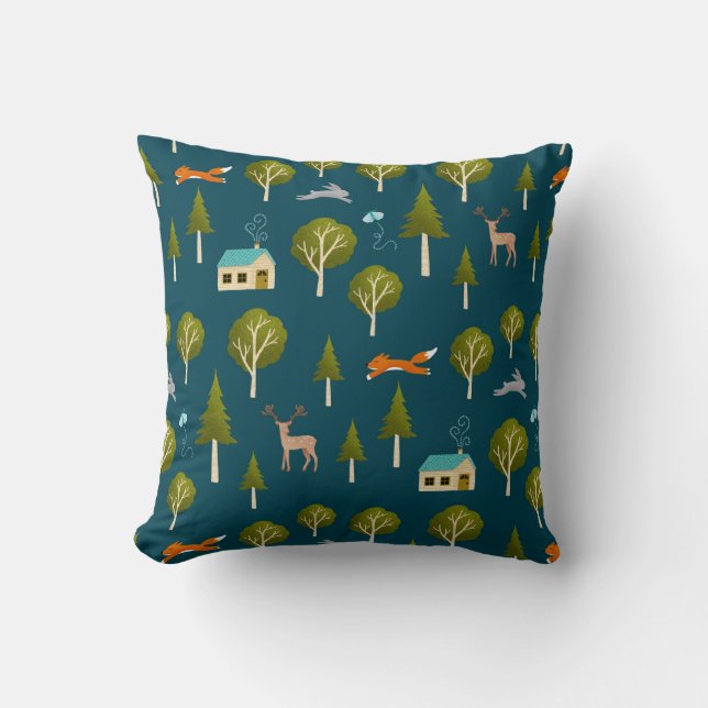 Cozy Forest Cabin and Animals Throw Pillow (Front)