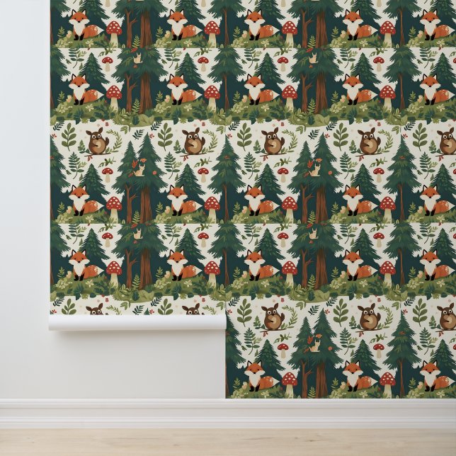 Cozy Forest Mushroom and Wildlife Peel and Stick Wallpaper (Application)